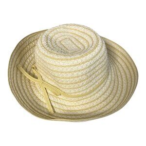 Crazy Horse Liz Claiborne Braided Straw Sun Hat Wide Brim Yellow Ribbon Women’s